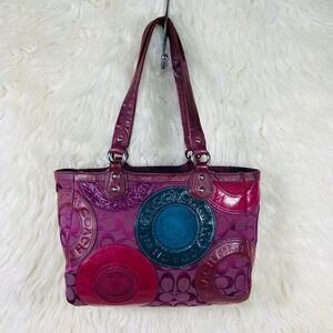 Coach Signature Patchwork Plum and  Teal Multi circle tote bag